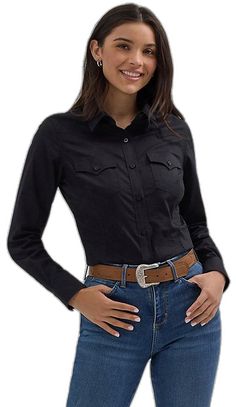 Western Style Cotton Workwear Tops, Western Style Black Button-up Shirt, Western Black Button-up Shirt, Black Western Button-up Shirt, Western Style Button-up Shirt For Work, Western Style Cotton Button-up Tops, Black Cotton Western Shirt, Black Western Style Cotton Shirt, Western Black Cotton Shirt