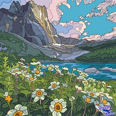 a painting of mountains and flowers in the foreground, with water below them on a sunny day