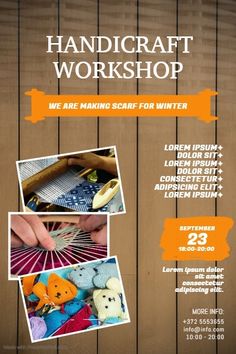 the flyer for handicraff workshop is shown with pictures of items on it