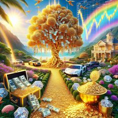 "An AI generated opulence: Golden tree blooming banknotes, diamonds spilling from treasure chests, a pot overflowing with gold at the rainbow's end, a bullish stock market graph in the sky. A mansion in lush garden, luxury cars parked, path lined with gold coins. #WealthManifestation #Abundance #Prosperity #Luxury #FinancialFreedom #Riches. Learn more about manifesting wealth in the link below." Abundance Painting, Garden Luxury, Abundance Money, Treasure Chests, Attracting Abundance, Wealth Abundance, Golden Tree