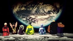 several anime characters are sitting in front of the earth with their backs to each other