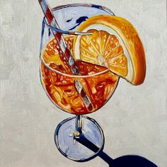 a painting of an orange drink in a glass with two drinking straws on the rim