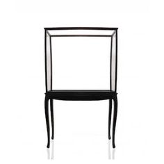 a black chair with a mirror on it's back and legs, against a white background