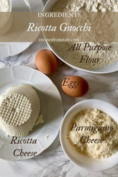 ingredients for ricotta gnocchi displayed on plates