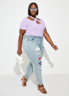 Ribbed burst of colors peek through distressing of these skinny jeans that you can imagine styling in so many ways that will never get boring. Jeans Plus Size, Stretchy Jeans, Ashley Stewart, Line Store, High Jeans, Online Purchase, Stretch Denim, Online Store, High Waisted