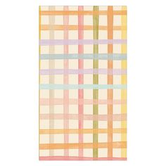 a multicolored plaid rug on a white background with an orange, yellow and pink stripe