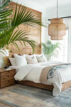 a large bed sitting in a bedroom next to a tall palm leaf lamp hanging from the ceiling