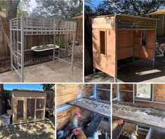 several pictures of chicken coops in various stages of construction