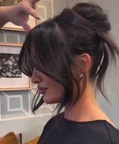 Hair Colors With Bangs Ideas, Messy Bun Face Framing, Curtain Bangs Upstyle, Bangs For Updos, Messy Curtain Bangs Long Hair, Hair Pulled Back With Bangs, Curtain Bangs Half Up, Updos With Curtain Bangs Formal, Dark Hairstyles Medium