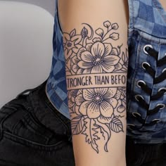 a woman with a tattoo on her arm that says, longer than befoo