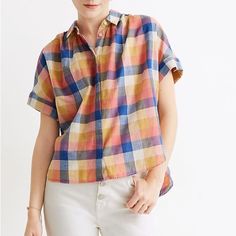 New With The Tag! Adorable Madewell Hilltop Shirt In Rainbow Plaid Blue, Coral Pink, Light Orange, Peach, And Off White Checked Plaid Print Shirred Pleated Back Hidden Buttons Down The Front Short Sleeves Fold Down Collar Oversized Relaxed Fit Cropped 100% Cotton Size Medium Bust Pit To Pit - 23” Length - 23” Tags: Cropped Oversized Relaxed Fit Poplin Checker Print Multicolor Cotton Tops For Work, Multicolor Cotton Workwear Tops, Tassel Shirt, Black Denim Shirt, Floral Ruffle Top, Bell Sleeve Shirt, Boxy Crop Top, Checker Print, Embroidered Butterfly