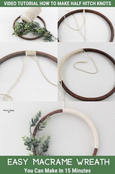 the instructions for making a wreath with yarn and wood hoops are shown in three different ways