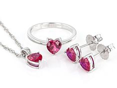 3.60ctw Heart Shape Lab Created Ruby Rhodium Over Sterling Silver Jewelry. Ring measures approximately .23"L x .26"W and is not sizeable. Earrings measure approximately .26"L x .25"W with push backings. Pendant measures approximately .49"L x .24"W with a 3.2mm bail, lobster claw clasp and a 2" extender. Fine Jewelry Heart Cut For Valentine's Day, Valentine's Day Heart Cut Fine Jewelry, Gia Certified Heart-shaped Diamond Jewelry, Fine Jewelry Heart-shaped Gia Certified, Round Cut Jewelry For Valentine's Day Formal, Round Cut Jewelry For Valentine's Day Formal Occasions, Pear-shaped Jewelry For Valentine's Day Anniversary, Gia Certified Fine Heart Shaped Jewelry, Fine Jewelry Gia Certified Heart-shaped