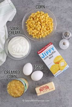 ingredients to make corn casserole laid out on a table