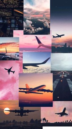 many different pictures of airplanes flying in the sky at sunset or dawn with clouds and city lights behind them