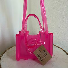 Brand New With Box, Bag, And Tag Telfar X Melissa Jelly Pink Small Bag Jelly Telfar Bag, Telfer Bag, Pink Mini Purse, Pink Purses, Hot Pink Purse, Telfar Bags, Marc Jacobs Snapshot Bag, Designer Purses And Handbags, Pink Bags