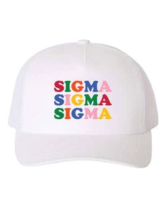 Product Details Megacap 6807 Trucker hat Cotton/polyester blend Hat Color: White White Trucker Hat For College, White Curved Brim Trucker Hat For College, Adjustable White Hat For College, Sigma Sigma Sigma, Embroidered Rainbow, Sorority Events, University Tees, Big Little Reveal, Sorority Apparel