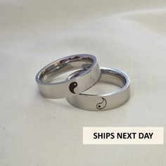 Please be aware there are potential delays currently as royal mail staff are going on strike which may result in your item arriving after the estimated delivery. Stainless Steel couple rings set. Laser engraved yin and yang rings. Rings have a width of 4 or 6mm depending on your choosing. There is the option to get an inside engraving to make it even more special. Has a minimalist design to match any outfit. All orders are shipped within 1 business day. If you have any questions at all please fe Ying Yang Rings Couple, Yin Yang Ring Couple, Yin And Yang Ring, Couple Matching Rings, Rings For Couples, Yin Yang Ring, Couple Things To Buy, Matching Rings For Best Friends, Couples Rings