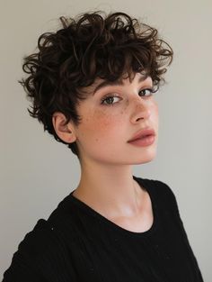 Very Short Curly Hair With Bangs, Curly Pixie Hairstyles Round Faces, Very Curly Short Hair, Short Permed Hair Pixie, Short Short Curly Hair, Short Curly Mullet Women, Womens Pixie Haircut, Curly Pixie With Bangs, Pixie Hairstyles Curly Hair