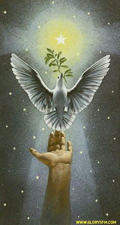 a painting of a hand holding a dove with a star above it