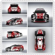 four different pictures of the same car in red and white, with black stripes on each side