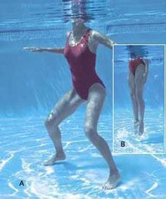 two women in red swimsuits are under water and one woman is standing on the bottom