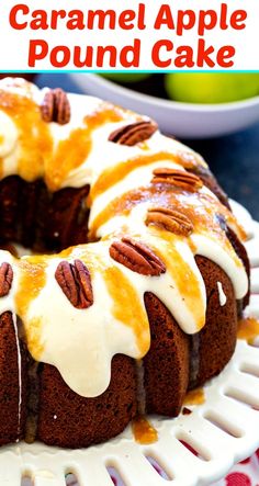 a close up of a cake on a plate with pecans and caramel drizzle