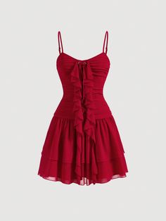 Red Casual Collar Sleeveless Woven Fabric Plain Cami Embellished Non-Stretch  Women Clothing Red Frilly Dress, Light Red Dress, Short Red Dress Outfit, Red Outfit Ideas, Red Party Dress, Dainty Dress, Frilly Dresses, Red Dress Outfit