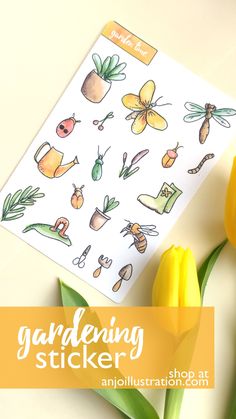 yellow tulips with gardening stickers on them