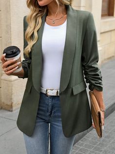 Women's Classic Blazer Jacket Suitable For Daily Commuting , Bussines Casual Women Office Wear Army Green Casual  Long Sleeve Woven Fabric Plain Regular Non-Stretch  Women Clothing, size features are:Bust: ,Length: ,Sleeve Length: Army Green Blazer Outfits For Women, Green Business Casual, Bussines Casual Woman, Womens Green Blazer, Causal Chic, Birthday Haul, Blazer Plus Size, Blazer Casual, Plus Size Blazer