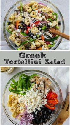 greek tortellini salad in a glass bowl