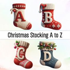 three christmas stockings with the letter d on them and an alphabet hanging from one stocking