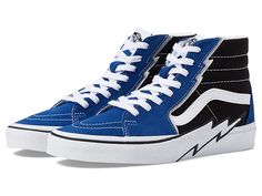 Vans Sk8-Hi Bolt - Shoes : Suede/Canvas True Blue/Black : Level up your street style by wearing the cool and casual Vans Sk8-Hi Bolt Shoes. Leather and textile upper. Textile lining and insole. Classic lace-up closure. Thunderbolt detailing along with the eyelets and bumper. Reinforced toe caps. Supportive padded collars. Signature rubber waffle outsole with high traction and durability. Imported. Measurements: Weight: 1 lb 2 oz. Shaft: 4 ½ in. Measurements: Weight: 1 lb 2 oz Shaft: 4 1 2 in Pro Casual Lace-up Canvas Shoes For Outdoor, Vans Lace-up Canvas Shoes, Elastic Lace-up Skate Shoes For Skateboarding, Urban Vans Lace-up Sneakers, Outdoor Lace-up Canvas Shoes With Vulcanized Sole, Vans Urban Sneakers With Laces, Vans Urban High-top Sneakers With Contrast Sole, Urban Vans High-top Sneakers With Contrast Sole, Urban Vans Sneakers With Laces