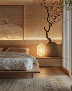 a large bed sitting in a bedroom next to a vase with a tree on it