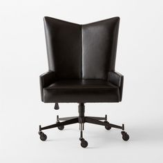 a black leather office chair with wheels and casteors on an isolated white background, viewed from the front