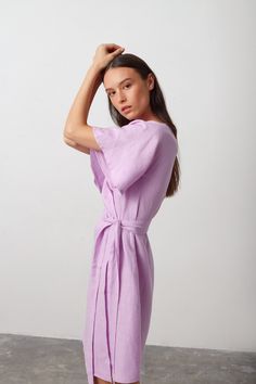 "MARY is a short sleeve, robe style linen wrap dress with a self tie belt. DETAILS - Self tie belt with no closure or belt loops - Dolman style sleeves - Knee length - 100% lightweight European linen fabric - Cut and sewn to order just for you in our studio COLOR - Lilac, you can also choose other colors above - Fabric samples are available here https://www.etsy.com/listing/586569696/linen-fabric-samples SIZING & FIT - Relaxed fit - True to size - Model is 5'9.5\" / 177cm and wearing a size XS CARE FOR LINEN - Machine wash up to 30ºC/86ºF gentle cycle - Lay flat to dry or tumble dry low - Warm iron if needed - Do not bleach SIZE GUIDE Size conversion guide Size XS (US 0-2, IT 36-38, UK 4-6, Japan 3-5, France 32-34) Size S (US 4-6, IT 40-42, UK 8-10, Japan 7-9, France 36-38) Size M (US 8-10 Spring Linen Dress With Belted Cuffs, Belted Linen Wrap Dress, Spring Short Sleeve Belted Linen Dress, Spring Short Sleeve Linen Dress With Belt, Summer Short Sleeve Belted Dress With Tie Waist, Daywear Linen Dress With Tie Waist, Daywear Belted Wrap Dress, Spring Knee-length Linen Dress With Tie Waist, Linen Dress With Tie Waist For Daywear