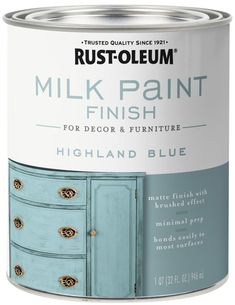 a can of milk paint with blue drawers