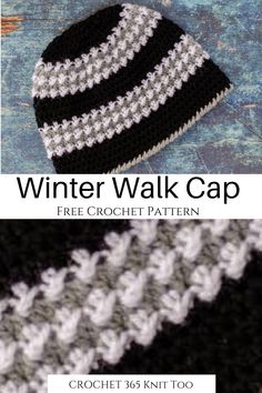 two crocheted hats with text that reads winter walk cap free crochet pattern