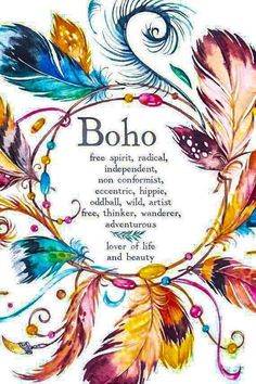 boho quote with colorful feathers and beads