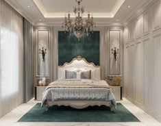 a large bed sitting in the middle of a bedroom next to a chandelier