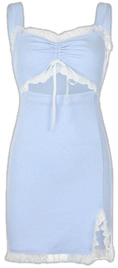 Fitted Cotton Backless Mini Dress, Daywear Backless Dress With Lace Trim, Flirty Backless Mini Dress With Lace Trim, Spring Cotton Dresses With Contrast Lace, Spring Fitted Mini Dress With Contrast Lace, Fitted Light Blue Dress With Lace Patchwork, Blue Mini Dress With Lace Patchwork, Light Blue Sleeveless Mini Dress With Lace Trim, Spring Sleeveless Mini Dress With Contrast Lace