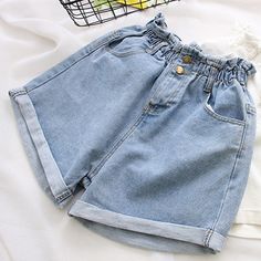 Solid Denim Shorts For Summer, Non-stretch Cotton High-waisted Shorts, High Waist Denim Pants With Built-in Shorts, High Waist Jeans With Elastic Waistband For Summer, Solid Denim Shorts, Casual Solid Denim Shorts, Wide Leg Denim Bottoms In Solid Color, Non-stretch Wide Leg Shorts In Solid Color, Baggy Denim Blue Jean Shorts For Summer