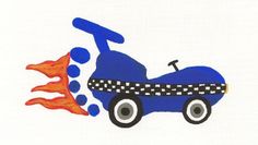 a drawing of a blue toy car with flames coming out of it's tires