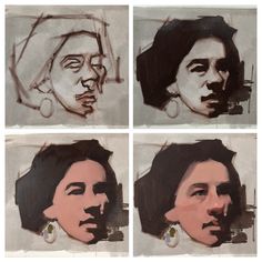 four drawings of people with different faces and hair styles are shown in three separate images