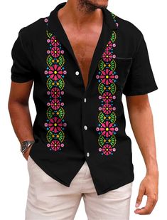 PRICES MAY VARY. Various Occasions - guayabera shirt is perfect for summer fashion and casual, beach, vacations, themed parties, luau, cruises, camping, fishing, sailing, music festivals, and everyday wear. You can easily pair it with casual pants, Hawaiian shorts, or even swim trunks, creating a relaxed and refreshing summer fashion style. Comfortable Fabric - mens patterned button down shirt is crafted from premium materials, with 94% polyester and 6% spandex, ensuring a soft and comfortable w Mexico Themed Party Outfits, Hispanic Men Outfits, Bruno Costume, Funny Beach Shirts, Tropical Motifs, Mexico Shirt, Mexico Shirts, Funny Beach, Guayabera Shirt