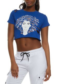 Short Sleeves, Crew Neck, T-Shirt, Cropped Hem, Laser Cut, Graphic Print, Item Number 1402062123014 Blue Stretch Tops With Letter Print, Blue Cotton Crop Top With Graphic Print, Blue Cotton Graphic Print Crop Top, Blue Letter Print Crop Top, Blue Cropped Graphic Tee With Letter Print, Blue Graphic Cropped T-shirt For Summer, Blue Casual Cropped T-shirt For Spring, Blue Graphic Cotton Crop Top, Casual Blue Crop Top With Letter Print