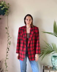 "Vintage 80's plaid blazer. This one is oh so good! It has shoulder pads and pockets. Makes any outfit funky and cool in my opinion! Lined and comfortable. Measurements taken flat with the blazer buttoned.  Pit to Pit: 21.5\" Pit to Hem: 18.5\" Collar to Hem: 30.5\" Sleeves: 15\"" Sag Harbor Outfits, Casual Plaid Blazer For Fall, Trendy Fitted Plaid Blazer, Retro Plaid Blazer For Work, Trendy Plaid Winter Blazer, Plaid Blazer With Pockets, Retro Plaid Formal Blazer, Semi-formal Plaid Blazer With Pockets, Vintage Plaid Blazer With Pockets