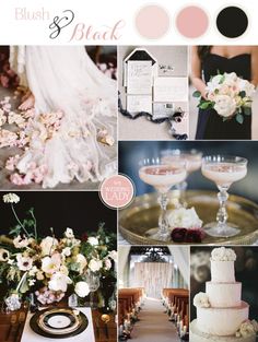 a collage of photos with flowers and wedding cake in them, including champagne glasses