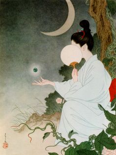 a painting of a woman holding an object in her hand and looking at the moon