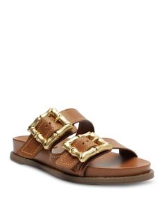 Schutz Women's Enola Sporty Slip On Buckled Slide Sandals Designer Open Toe Sandals With Gold Buckle, Designer Leather Sandals With Gold Buckle, Designer Brown Sandals With Tang Buckle, Summer Sandals With Gold-tone Hardware And Round Toe, Summer Sandals With Gold-tone Hardware, Designer Sandals With Gold-tone Hardware And Round Toe, Brown Sandals With Brass Buckle, Teal Flats, Orange Sandals